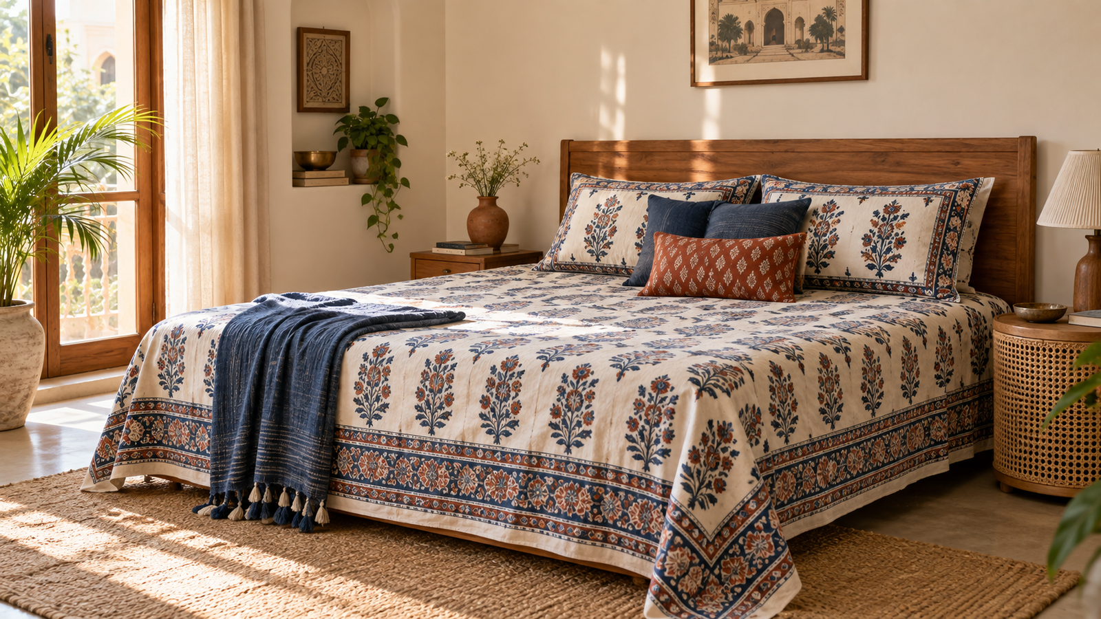 Hand block printed bedsheet styled in a warm Indian bedroom