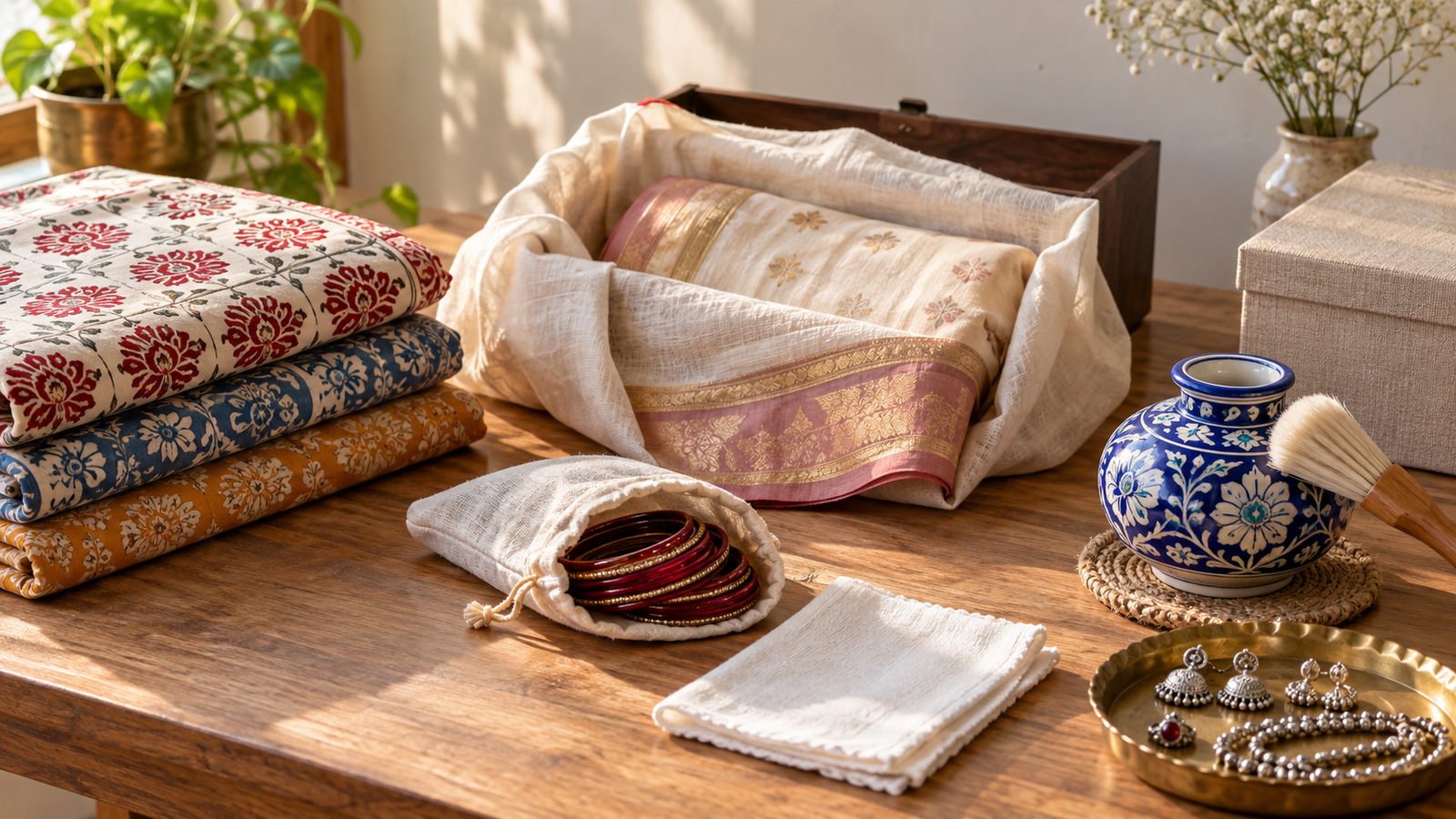 Handcrafted textiles, jewellery and pottery arranged for gentle care and storage
