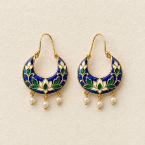 Blue crescent Meenakari earrings with pearl-style drops