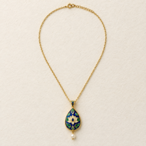 Blue teardrop Meenakari pendant necklace with pearl-style drop