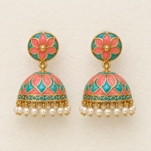 Coral and turquoise floral Meenakari jhumka earrings