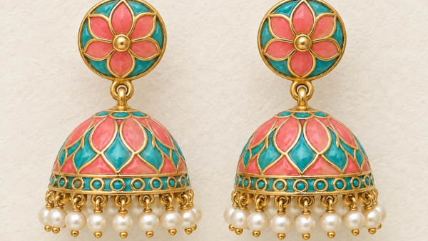 Coral and turquoise floral Meenakari jhumka earrings