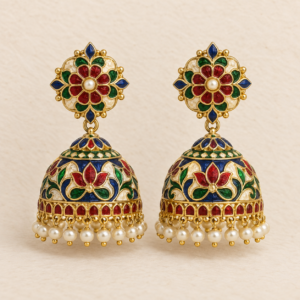Red, green and blue Meenakari jhumka earrings with pearl drops