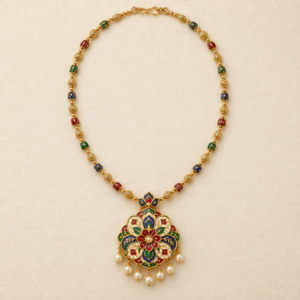 Floral Meenakari pendant necklace with colourful enamel work and pearl drops