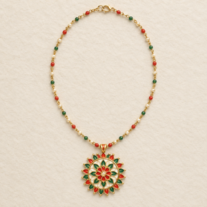 Red, green and ivory round floral Meenakari necklace