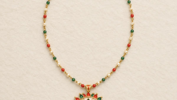 Red, green and ivory round floral Meenakari necklace