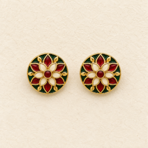 Red, green and ivory floral Meenakari stud earrings