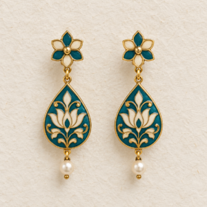 Teal and ivory lotus-inspired Meenakari drop earrings