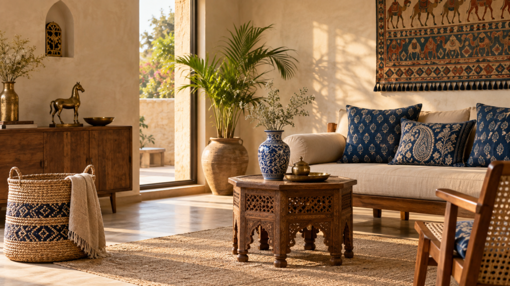 Rajasthani textiles, blue pottery and carved wood in a modern living room