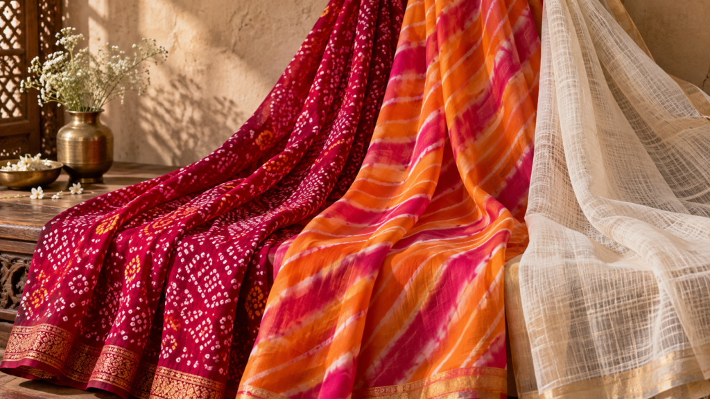 Bandhani, Leheriya and Kota Doria sarees displayed together