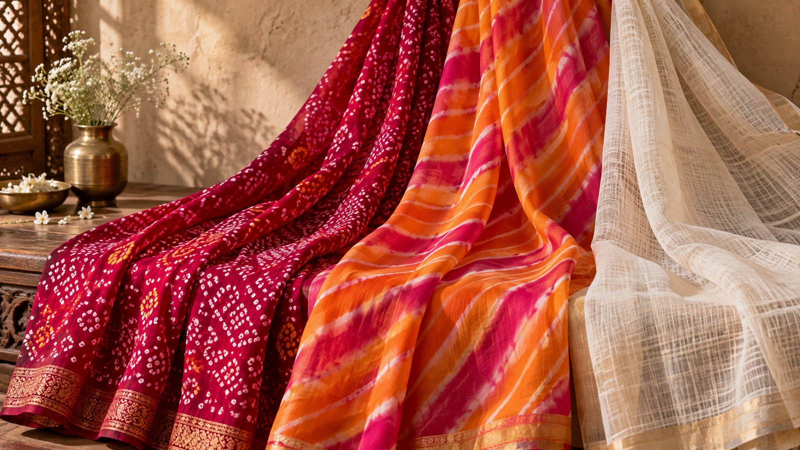 Bandhani, Leheriya and Kota Doria sarees displayed together