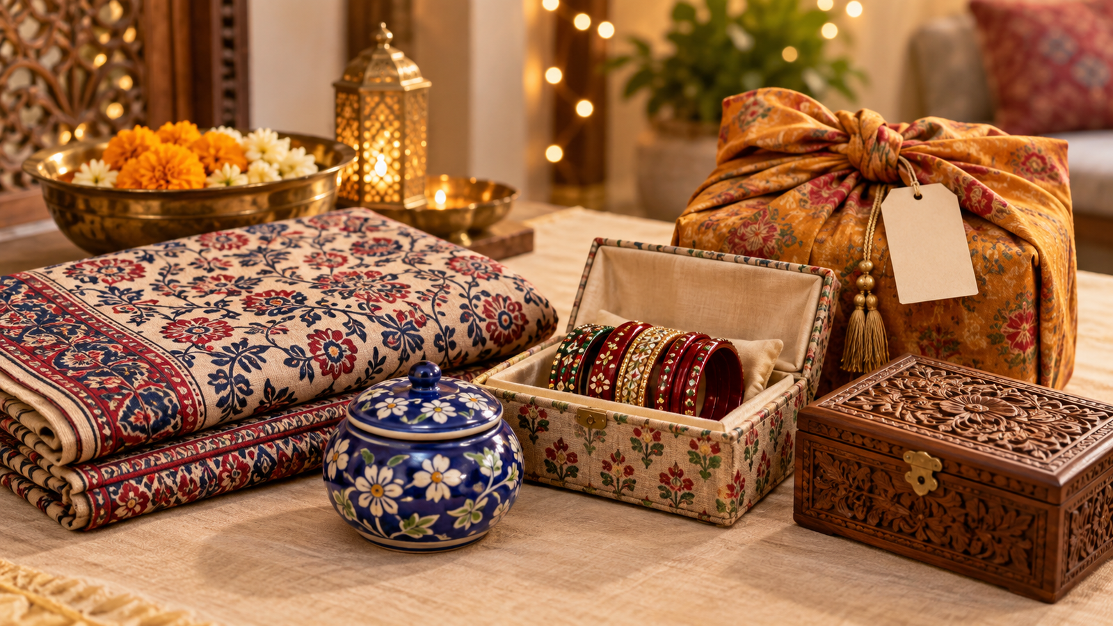 Traditional Rajasthani textile, pottery, bangles and carved gift box