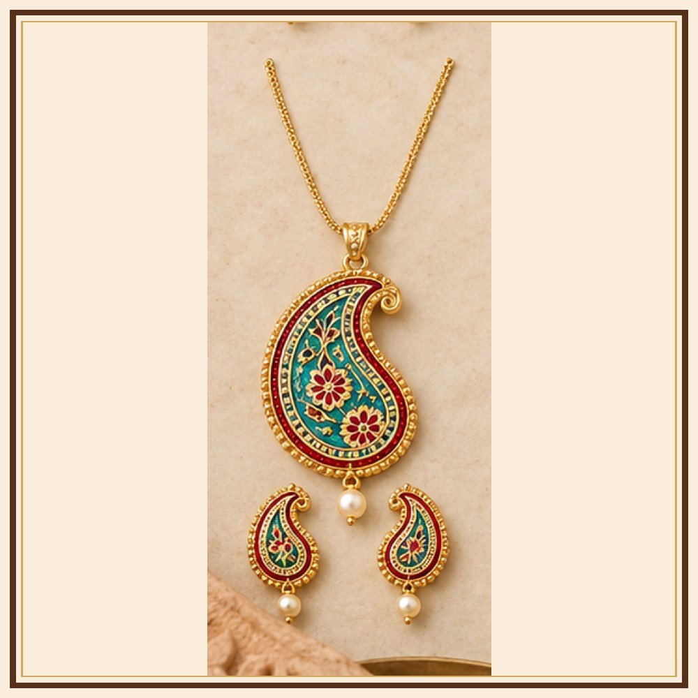 Firozi Ambi Meenakari Pendant Set