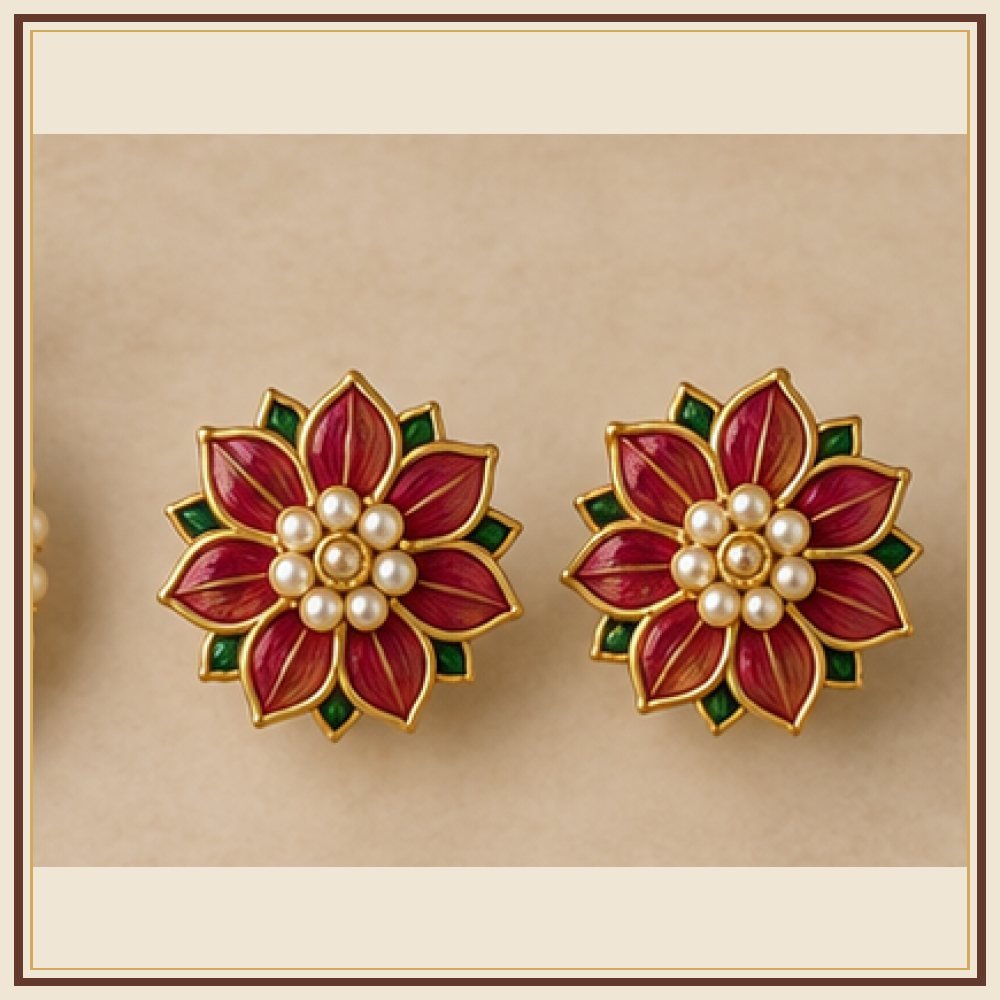 Firozi Phool Moti Meenakari Earrings