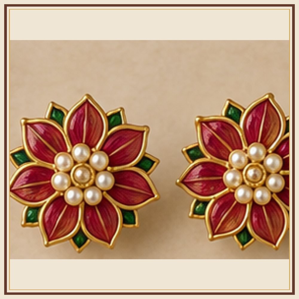 Firozi Phool Moti Meenakari Earrings
